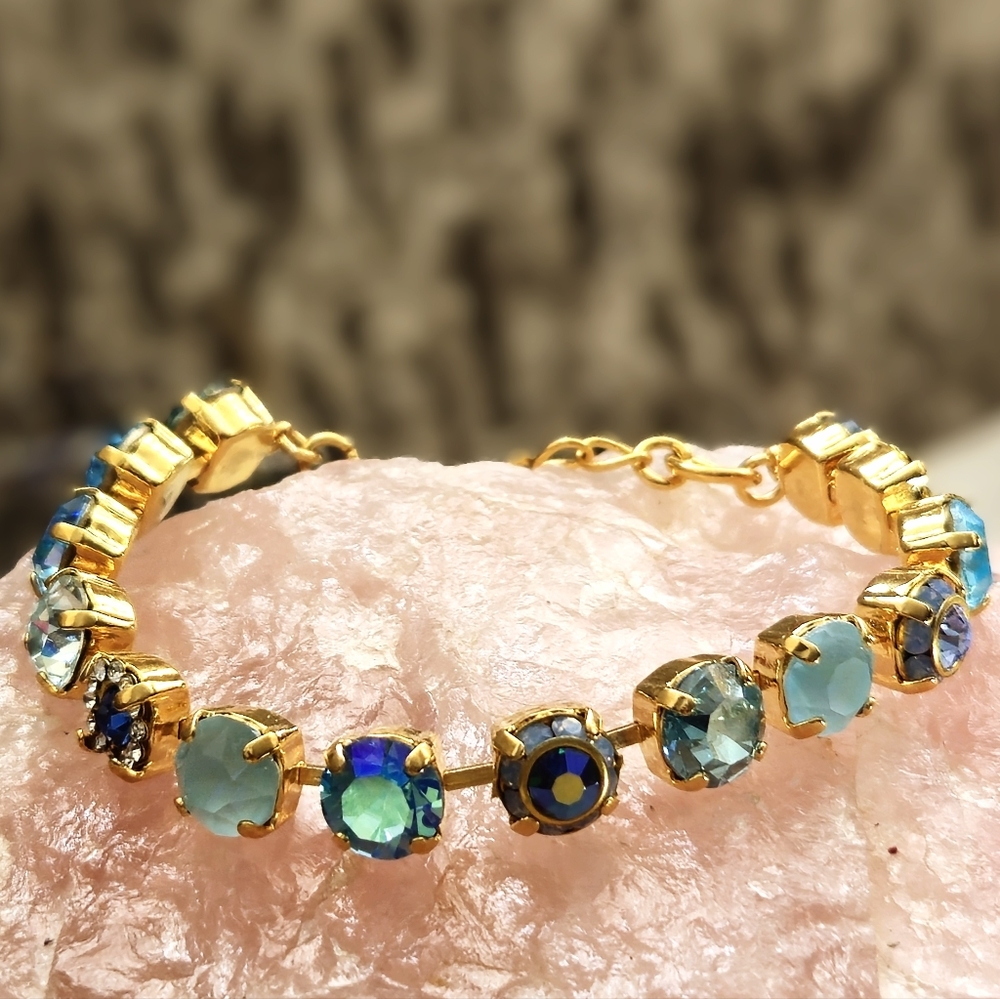 Aquamarine Light Blue Flower Crystals AB In Classic Tennis Gold Plated Bracelet - Picture 3 of 7
